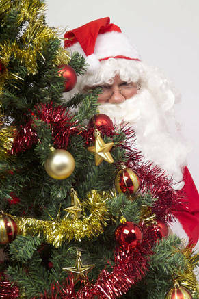 Santa peering around a Christmas tree