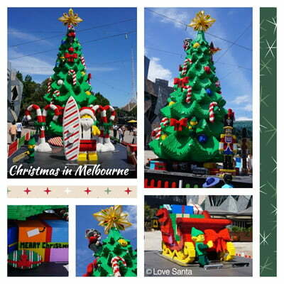 Collage of photos of Lego Christmas display - tree, sleigh, star, Santa