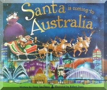 front cover of book 'Santa is coming to Australia' showing reindeer pulling Santa in his sleigh