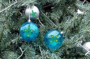 | love santa Christmas baubles decorated with the Australian scout symbol (stylised fleur-de-lys)