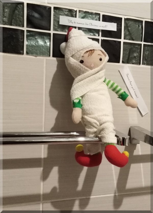 Tinkles the Christmas Elf wrapped as a mummy