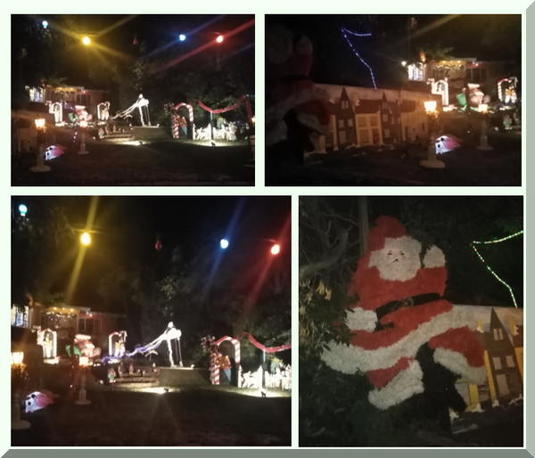 collage of photos of Christmas lights and large Santa in an Ivanhoe frontyard